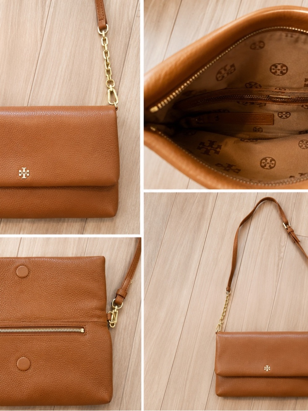 Tory Burch Tan Pebbled Leather Convertible Crossbody with Gold Hardware